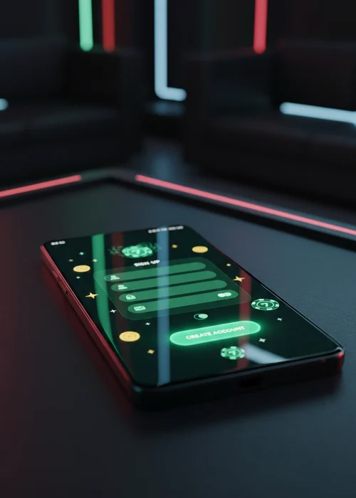 Illustratie van het stapsgewijze registratieproces van B1 Casino op een mobiel apparaat, met invoervelden voor e-mail en persoonlijke gegevens.